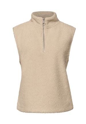 Beige mouwloos fleece top met een hoge kraag en een halve rits aan de voorkant. Zachte textuur met een gezellige, casual uitstraling.
