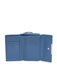 Blue leather wallet with multiple card slots, zippered compartment, and snap closure. Smooth texture and clean, minimal design.