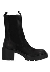 Bottine noire avec un talon épais, en cuir et dotée de panneaux latéraux élastiques rainurés, texture lisse et languettes de tirage.