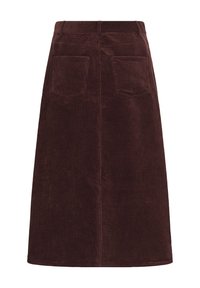 Gonna midi in corduroy marrone con coste verticali, dotata di una vita, tasche posteriori e una silhouette dritta.