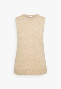 Gilet in maglia senza maniche beige con scollatura rotonda, bordi a coste e tessuto morbido e testurizzato.