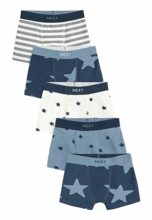 Fünf Paare Jungenunterwäsche aus Baumwolle. Die Designs umfassen gestreifte, einfarbige marineblaue sowie Muster mit Sternen in Blau- und Weißtönen.
