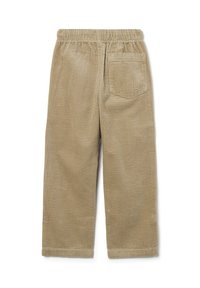 Beige corduroy broek met een elastische tailleband, rechte pijpen en een enkele achterzak; gestructureerde stof met zichtbaar ribbelpatroon.