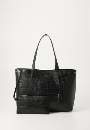 Juodas krokodilo rašto tote krepšys su dviem rankenomis ir nuimamu kišeniu, pasižymintis lygiu paviršiumi ir elegantišku dizainu.
