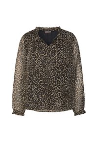 Blusa con stampa leopardo in tessuto trasparente, con scollatura a v, maniche lunghe con polsini arricciati e vestibilità ampia. Toni terrosi dominano il motivo.