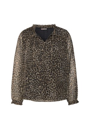 Blouse en tissu transparent à imprimé léopard, avec un col en V, des manches longues à poignets froncés et une coupe décontractée. Les tons terreux dominent le motif.