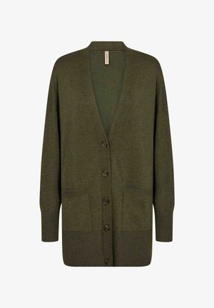 Õlivärvi kardigan, mis on valmistatud pehmest kudumiskangast, millel on V-kaelus, viis nööpi, kaks esist taskut ja soonikkoes varrukad.