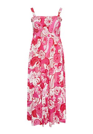 Mouwloze maxi-jurk in roze en rood met bloemmotief, met geplooide lijfje en verstelbare schouderbandjes.