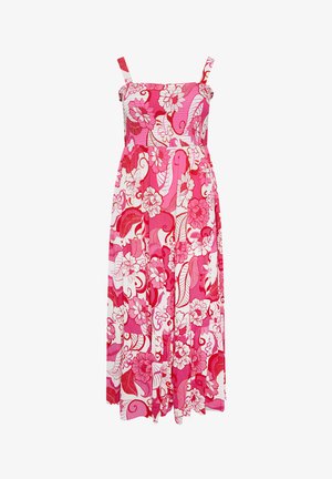 Mouwloze maxi-jurk in roze en rood met bloemmotief, met geplooide lijfje en verstelbare schouderbandjes.