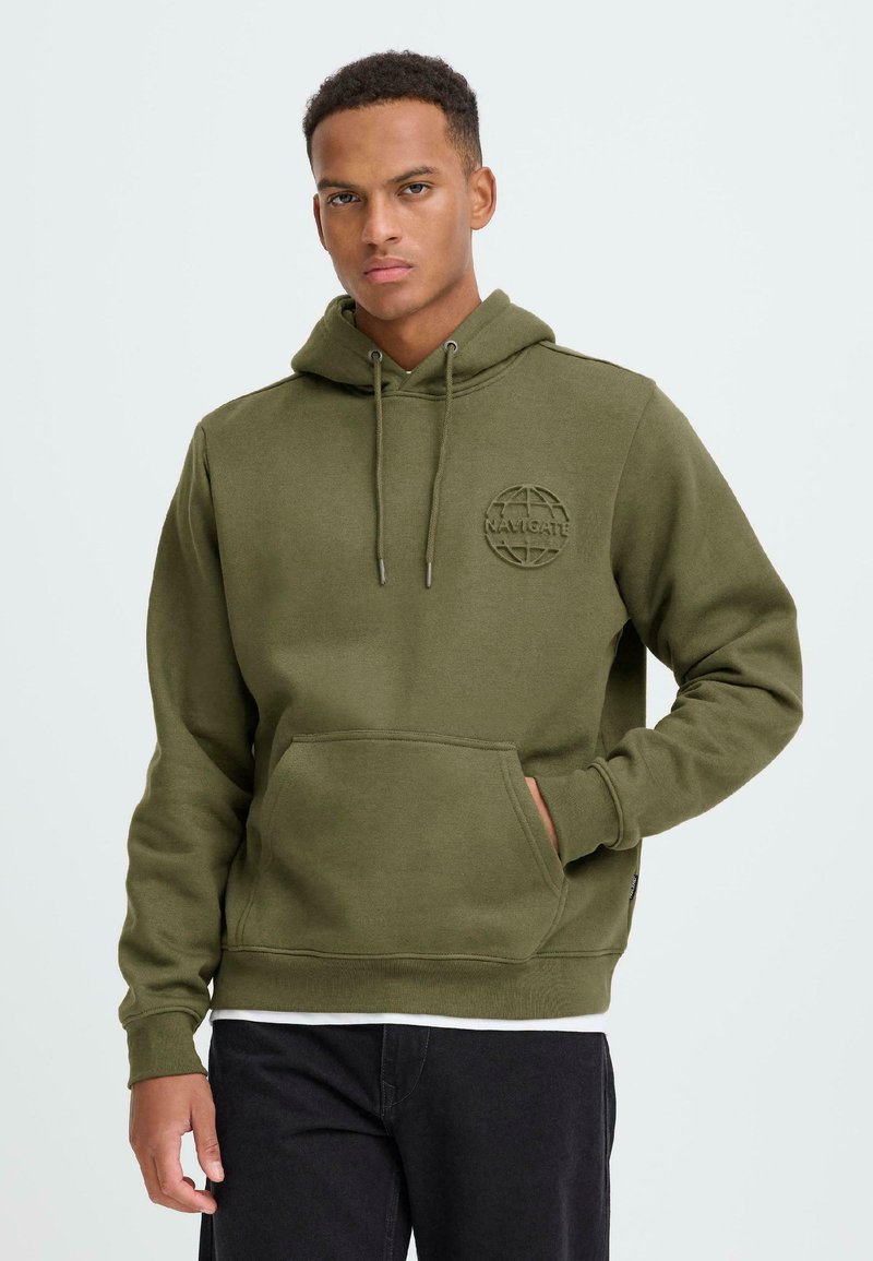 Olive green hoodie made of soft fabric, featuring a front kangaroo pocket, drawstrings, and an embroidered globe logo on the chest.