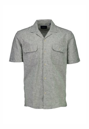 Kurzärmliges, knöpfbares Hemd aus leichtem grauen Leinen, mit zwei Fronttaschen mit Klappen, einem umgeschlagenen Kragen und einem lockeren Schnitt.
