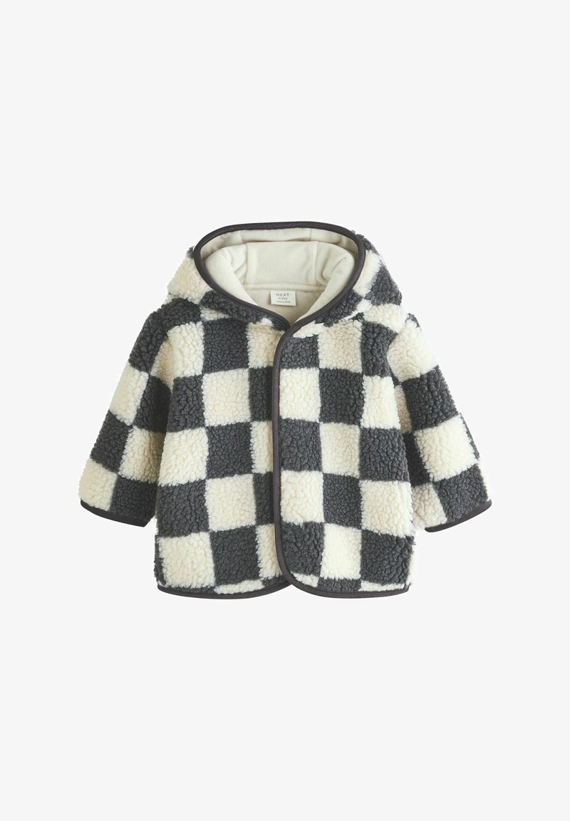 Veste bébé en polaire douce avec capuche, motif à carreaux noir et blanc et bords arrondis.