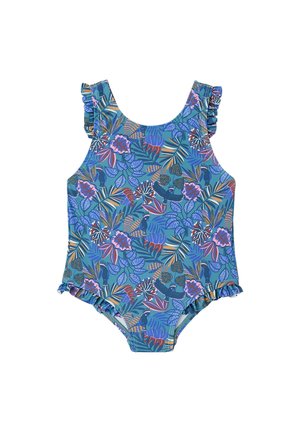 Blauer Kinderbadeanzug mit Blumen- und tropischem Blattmuster, mit gerüschten Schulterträgern und Beinausschnitten.