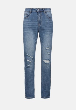 Blue denim jeans with a straight fit, featuring distressed patches, five pockets, and a button closure. Classic mid-rise design.