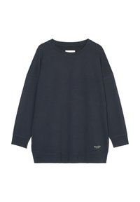 Mörkblå oversized sweatshirt i mjukt tyg, med rund hals, sänkta axlar och en liten logotypdetalj nära fållen.