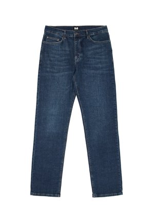 Jeans denim a gamba dritta di colore blu scuro con tasche frontali, chiusura con bottoni e leggera scoloritura sulle cosce, distesi su uno sfondo bianco.