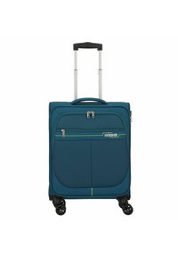 Teal soft-shell koffer met een telescopische handgreep, vier zwarte wielen, twee ritszakken en gele accenten aan de voorkant.