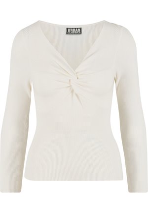 Dlouhý rukáv, top s výstřihem do V z lehké smetanově bílé žebrované látky se zauzleným detailem na hrudi. Měkká textura a přiléhavý střih.