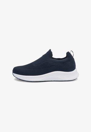 Marineblaue Slip-On-Sneaker mit atmungsaktivem Strick-Obermaterial, strukturierten Details und weißer Sohle. Verstärkte Fersenschlaufe für einfaches Anziehen. Verstellbare Passform.