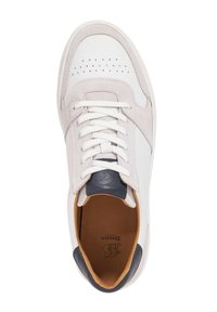 White sneaker with gray suede accents, perforated toe box, and white laces. Features a brown interior and a navy heel tab with logo.