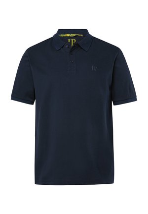 Marineblaues Poloshirt mit kurzen Ärmeln, Knopfleiste und dezentem, links auf der Brust gesticktem Logo.