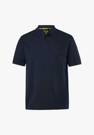 Polo bleu marine à manches courtes avec patte de boutonnage et logo brodé discret sur la poitrine gauche.