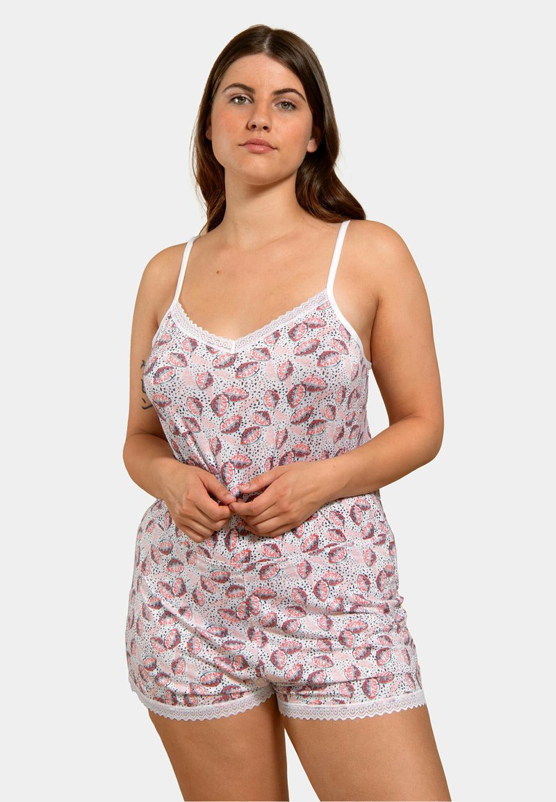 Ensemble de pyjama à imprimé floral en blanc et rose, avec des finitions en dentelle délicates, des fines bretelles et une coupe décontractée. Tissu doux avec une texture lisse.