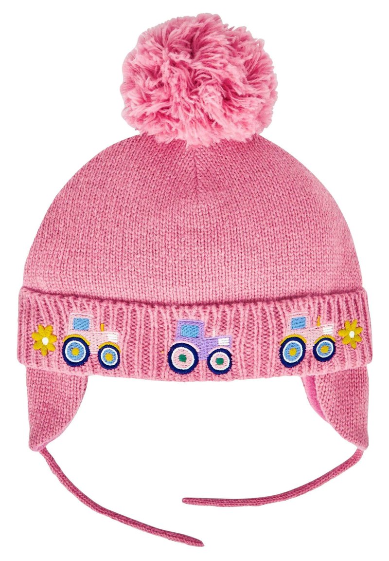 Gorro de punto rosa con un pompón esponjoso, bordado de tractor y flores decorativas. Cuenta con correas para la barbilla para un uso seguro.