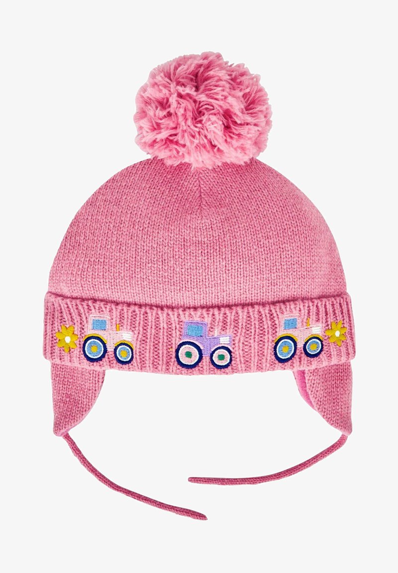 Cappello lavorato a maglia rosa con un pompon soffice, ricamo di un trattore e fiori decorativi. Presenta lacci per il mento per una vestibilità sicura.