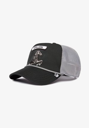 Black cap with mesh grey panels, featuring an embroidered stallion graphic and the word "STALLION" above. Curved brim, adjustable back.