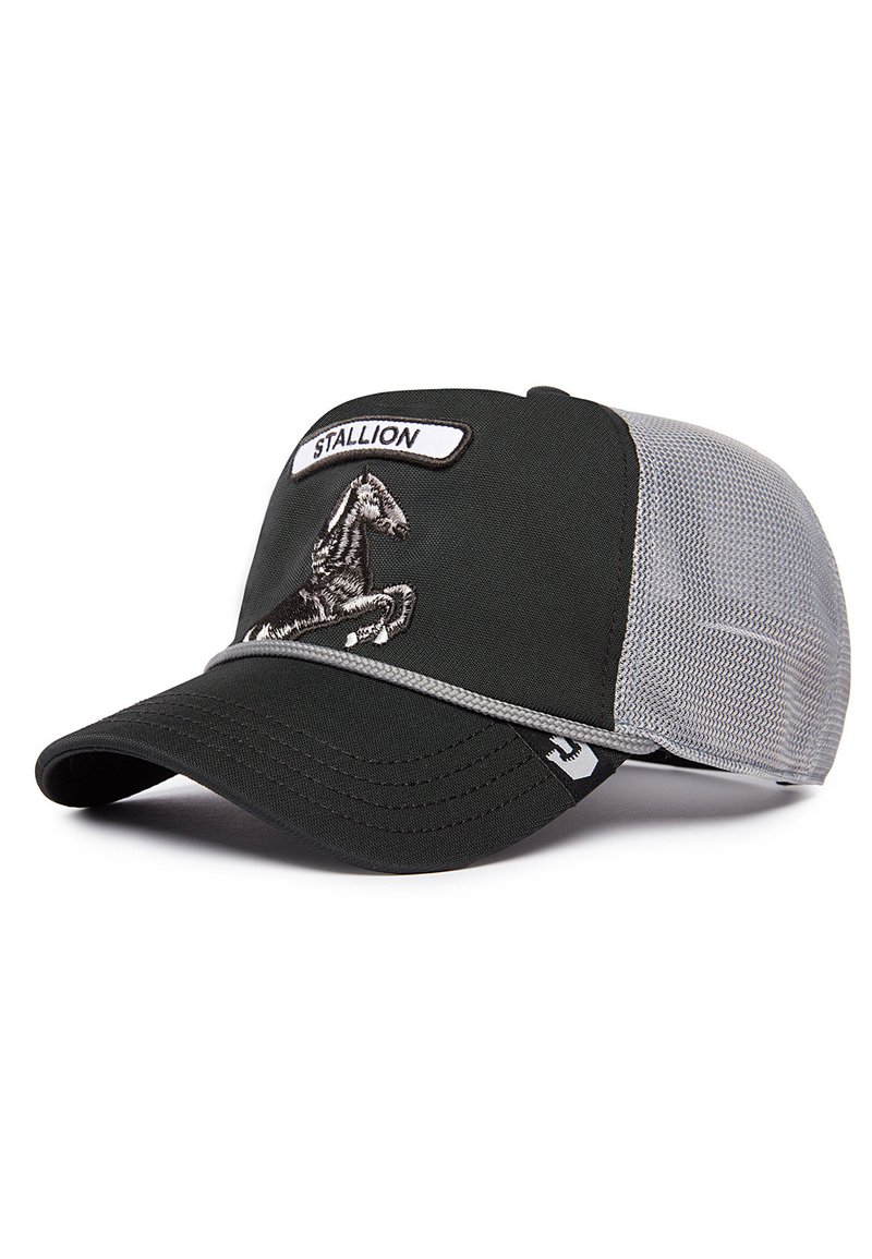 Black cap with mesh grey panels, featuring an embroidered stallion graphic and the word "STALLION" above. Curved brim, adjustable back.