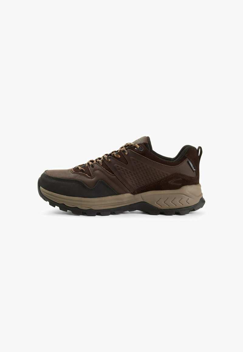 Braune Wanderschuhe mit einem strukturierten Nubuk- und Mesh-Obermaterial, verstärkter Gummikappe und robustem Profilsohle für Trittfestigkeit. Die Schnürsenkel sind in einer kontrastierenden Farbe.