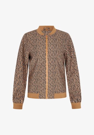 Hnědo-černá bombera se zebřím vzorem se zipovým uzávěrem vpředu, žebrovaným límcem a manžetami, vyrobená z měkké, texturované tkaniny.