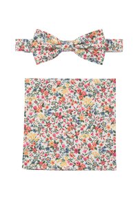 Florales Fliegen-Set mit einer Fliege und einem Einstecktuch. Das Material zeigt einen weißen Hintergrund mit bunten Blumenmustern und grünen Akzenten.