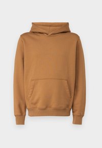 Sudadera marrón con bolsillo frontal, puños y dobladillo acanalados, y capucha con cordón. Fabricada en una suave tela texturizada.