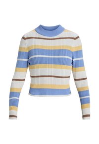 Gestreifter Rippstrickpullover mit Mock-Neck, ausgestattet mit blauen, gelben und braunen horizontalen Streifen sowie einem cropped Schnitt. Strukturierter Strickstoff.