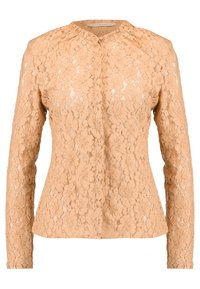 Lace blouse in perzik kleur met lange mouwen en een mandarin kraag. Intricate bloemenpatroon en knoopsluiting aan de voorkant.
