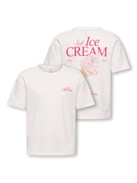 Hvid T-shirt med lille lyserødt "Soft Ice Cream" tekst foran og stort lyserødt isvaffelgrafik med tekst på bagsiden.
