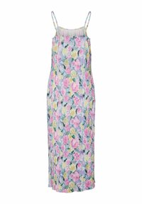 Vestido sin mangas floral en tonos rosa pastel, amarillo y verde sobre un fondo azul claro. Presenta tirantes finos y una tela texturizada con relieve.