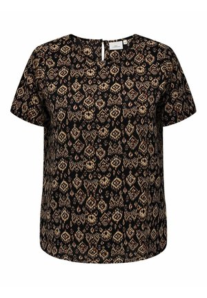 Sort kortærmet bluse med beige og brunt geometrisk og blomsterprint, rund halsudskæring og lille nøglehulsknaplukning bagpå.