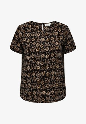 Zwarte blouse met korte mouwen met beige en bruine geometrische en bloemmotieven, ronde hals en kleine keyhole-knopsluiting aan de achterkant.