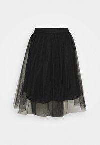 Black tulle midi skirt with layered design, elastic waistband, and subtle shimmer. Sheer fabric creates a light and airy appearance.