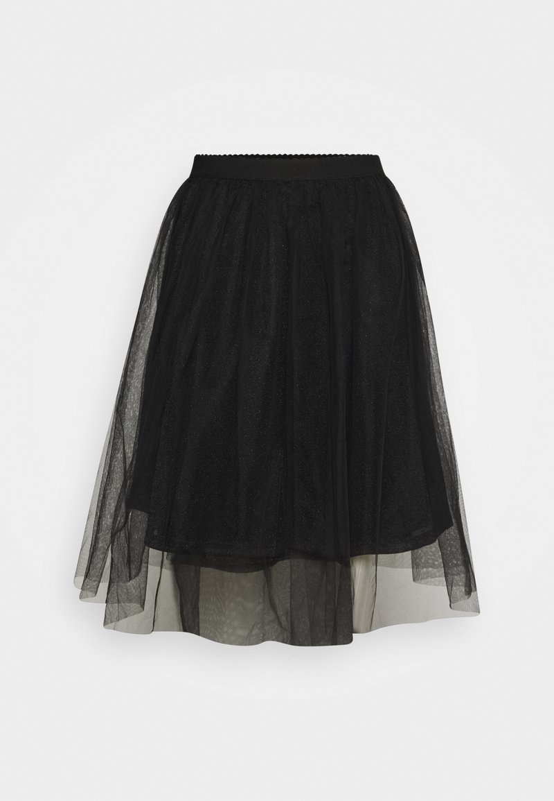 Black tulle midi skirt with layered design, elastic waistband, and subtle shimmer. Sheer fabric creates a light and airy appearance.