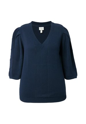 Tummansininen lyhythihainen neulepaita V-aukkolla ja hillityllä kalanruotokuvioinnilla edessä ja hihoissa.