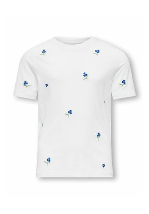 Maglietta bianca a maniche corte con ricamo di piccoli fiori blu sparsi e steli verdi sul davanti e sulle maniche.