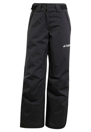 Zwarte waterdichte broek met een losse pasvorm, voorzien van een knoop- en rits-sluiting, een verstelbare tailleband en logo-details aan de voorkant.