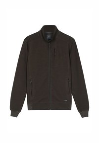 Bruine zip-up jas met een gestructureerde afwerking, hoge kraag, zijzakken en een borstzak, met subtiele branding op de onderzoom.