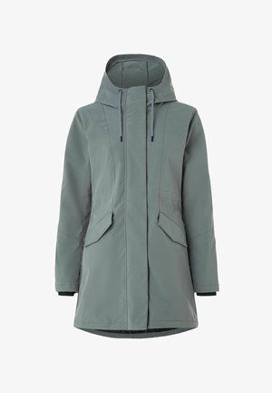 Parka imperméable vert clair avec capuche, accents noirs, deux poches avant angulaires et cordons de réglage. Texture lisse et design à longueur complète.