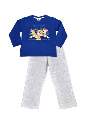 Blue long-sleeve Paw Patrol shirt with three puppies and grey elastic-waist pants laid flat on white background.