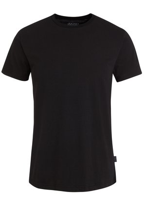 Zwarte katoenen t-shirt met een ronde hals, korte mouwen en een rechte zoom. Bevat een merketiket aan de linkerzijde.